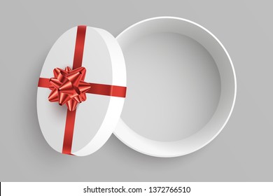 Open round gift box vector illustration. Empty opened surprise box with red bow and ribbon isolated on grey background. Top view . Element for your design. Eps 10,