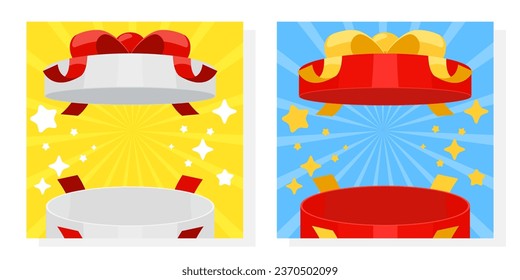 Open a round mystery red and white gift box on white background. Random secret loot box isometric concept. Vector illustration cartoon flat design.