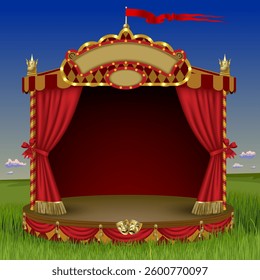 Open round theatre stage under circus tent with red curtain and signs among summer green meadow and blue sky. Art and theater poster design template. Vector illustration in 3d style. NOT AI generated