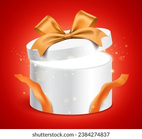 Open round white gift box with a golden ribbon and magical glitter glowing light, shining from inside. Shiny present box standing on red background. Holiday surprise gift vector banner design.