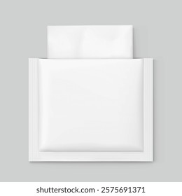 Open sachet bag mockup for single wet wipe. Vector illustration isolated on grey background. Flat lay view. Can be use for template your design, presentation, promo, ad. EPS10.