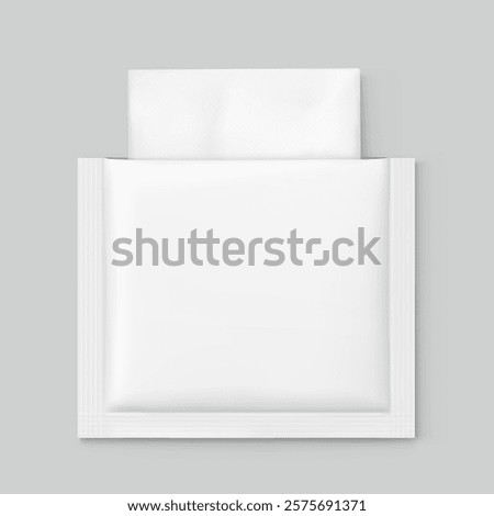 Open sachet bag mockup for single wet wipe. Vector illustration isolated on grey background. Flat lay view. Can be use for template your design, presentation, promo, ad. EPS10.