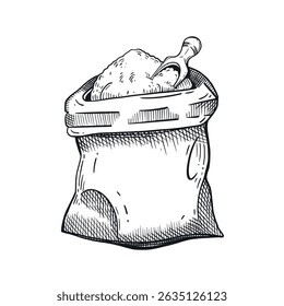 Open sack of flour with a scoop for pouring flour, hand drawn in vector. Vector illustration. Suitable for printing on fabric, paper, food packaging and bakery and confectionery design.