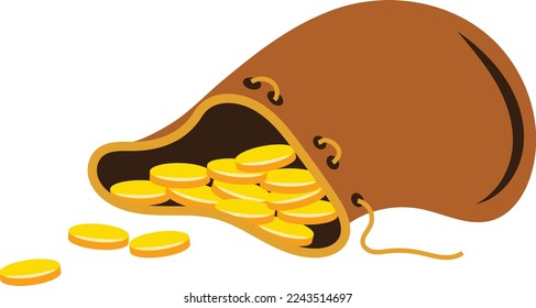 Open Sack mit voller Goldmünzen Schätze Vektordesign-Illustration