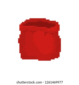 Open sack Santa pixel art. Red big bag 8 bit. Video game Old school Christmas and new year holiday bag