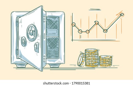 Open safe box, coins and chart - drawn finance concept