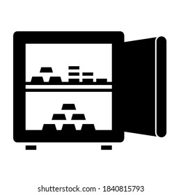 Open safe box with gold icon in modern silhouette style design. Vector illustration isolated on white background.
