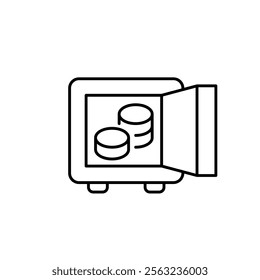 Open safe box and stacks of coins. Secure investments and preservation of wealth. Pixel perfect vector icon