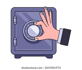 open the safe by hand. crack a safe with money. flat vector illustration.