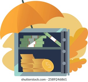 Open safe with cash, umbrella. Vector illustration concept money protection, financial security, deposit accumulation