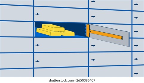 Open safe deposit box with gold bars flat illustration background. Goldbars inside secure vault drawer. Bullion ingot storage in bank locker 2D cartoon backdrop. Colorful scene vector art image