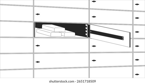 Open safe deposit box with gold bars line illustration backdrop. Goldbars inside secure vault drawer. Bullion ingot storage in bank locker 2D ink outline monochrome background. Lineart vector