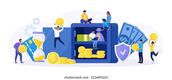 Open safe with dollar banknotes, coins in secure deposit box. Business people investing money on bank account. Cash protection, savings in moneybox. Financial saving insurance concept. Vector design