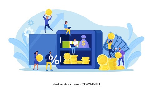 Open safe with dollar banknotes, coins in secure deposit box. Business people investing money on bank account. Cash protection, savings in moneybox. Financial saving insurance concept. Vector design