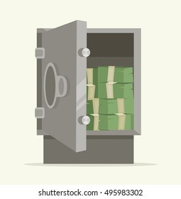 Open safe full of money. Vector flat cartoon illustration