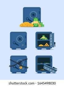 Open safe full of money,Set of security metal safes,flat design icon vector illustration