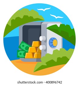 Open safe with gold bars, dollar banknotes on the tropical island background, color flat vector illustration hidden in offshore wealth resources, haven tax, rest money from taxes, money tax paradise