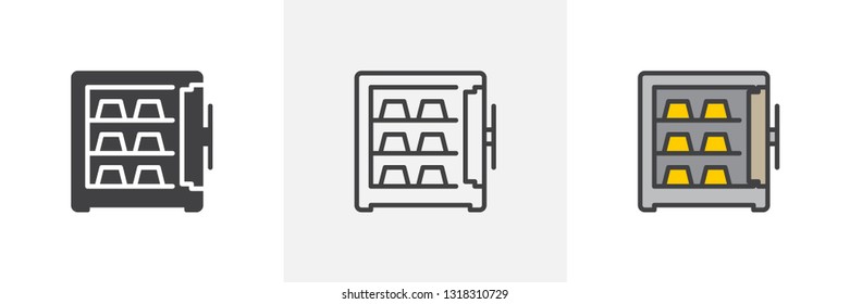 Open safe with gold bars icon. Line, glyph and filled outline colorful version, Safe box with golden ingots outline and filled vector sign. Symbol, logo illustration. Different style icons set. 