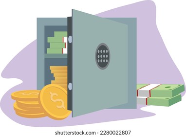 Open safe with gold coins and banknotes. Vector flat drawing safe storage of cash. Gold coins dollars