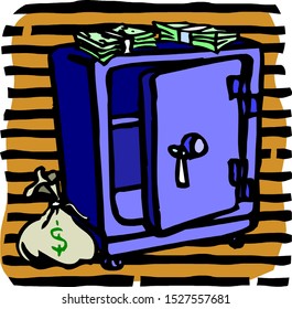 Open safe hanging on the wall. On the safe, dollars are bills.