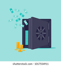 Open safe with money. Flat design vector illustration.
