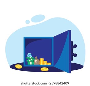Open Safe with Money. Storing finances and cash in a bank or secure location vector art