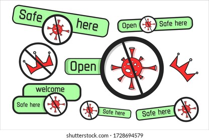 open and safe , signboard, sticker pack  for door, showcase, glass, shop cafe restaurant entry, disinfection, masks, sanitizers, taken actions against coronavirus, flat art,vector illustration