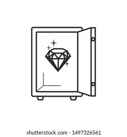 Open safe with treasures, diamond. Vector outline illustration of safe box icon    