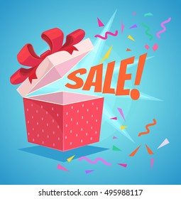 Open Sale Gift Box With Red Bow And Sale Word. Discount Banner. Vector Flat Cartoon Illustration