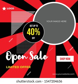 Open sale post template with red and black background social media template to promote your brand and advertise on different social media channels. Show sale, offers and discount with this design.