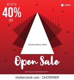 Open sale post with triangle overlap shapes social media template to promote your brand and advertise on different social media channels. Show sale, offers and discount with these creative designs