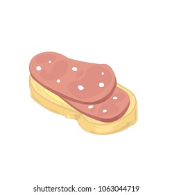 Open sandwich with butter and two pieces of sausage. Vector illustration. Isolated on white background. Cartoon style.