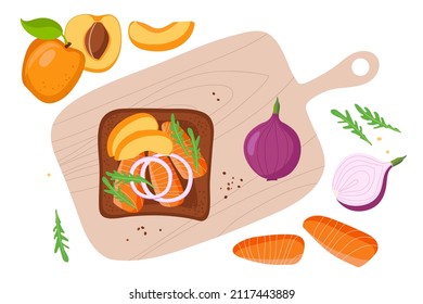 Open sandwich cooking. Toast bread with peach fruits, smoked salmon, purple onion rings, arugula on cutting board. Ingredients for toast preparation. Sandwich Top view Delicious snack for gourmets.