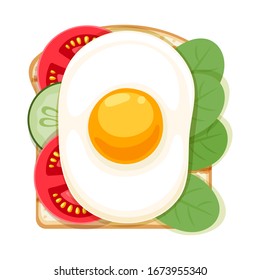Open sandwich with fried egg, spinach, cucumber and tomato slices. Breakfast or lunch meal vector illustration.