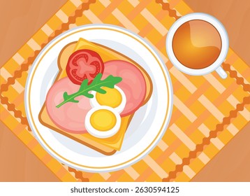 Sanduíche aberto com presunto, ovo e queijo em uma ilustração vetorial de vista superior de placa. pão torrado e xícara de chá em uma mesa de madeira acima do vetor de vista. Desenho de café da manhã sobre a mesa