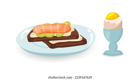 Open sandwich on plate with boiled egg. Breakfast or lunch meal vector illustration