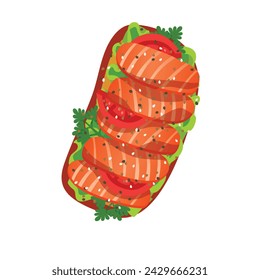 Open sandwich with salmon. Breakfast or lunch meal vector illustration.