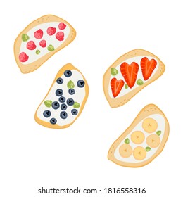 Vista abierta de la parte superior del sándwich, baya con tostada y mantequilla y pan y mantequilla, aislada en ilustración vectorial de fondo blanco. 