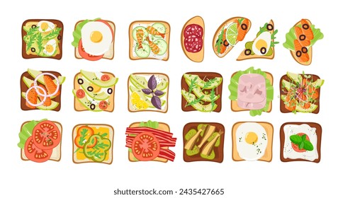 Open Sandwich set. Vector for menu, poster, banner, sticker. Delicious breakfast or snack. Collection of toasts with fish snack lunch snacks. Slices of bread with egg, fish, vegetables, sausages.