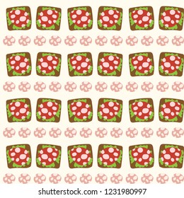 Open Sandwich Top View Vector Illustration Seamless, Sandwich Bread Flat Style. Wallpaper Background.