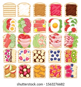 Open sandwiches with assorted toppings set. Breakfast or lunch meal vector illustration.