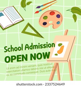 Open school admission with registration for students and those who want to obtain education. Easel and painting, canvas and art lessons materials and equipment for drawing. Vector in flat style