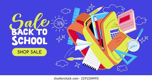 Open school backpack with flying books, pencils and stationery. Vector flat cartoon illustration. Study and education concept. Back to school sale banner or poster design template