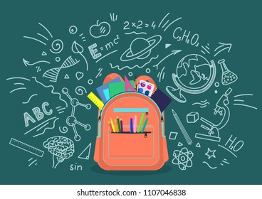 Open school backpack full of stationery wiyth chalk doodle background. Education, subjects, studying concept. Vector illustration.