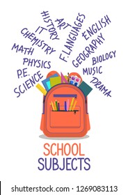 Open school backpack full of stationery with hand written school subjects on white background.