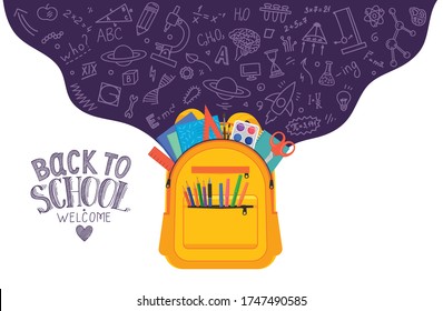 Open school backpack full of stationery with school subject doodle on white background. Back to school. Welcome.