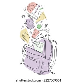 Open school backpack full of stationery and school supplies flying out of it,line art color illustration,vector graphic.Creativity and learning concept.Design for web,print,emblem,banner,poster