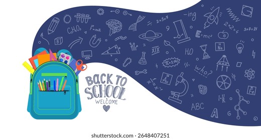 Abra a mochila da escola cheia de artigos de papelaria com o rabiscar da matéria da escola. De volta à escola. Bem-vindo.