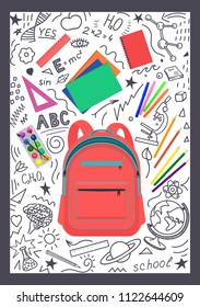 Mochila escolar abierta con papelería y garabatos. Ilustración vectorial.