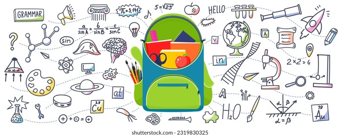 Open school backpack with school subjects doodle. Education concept. 